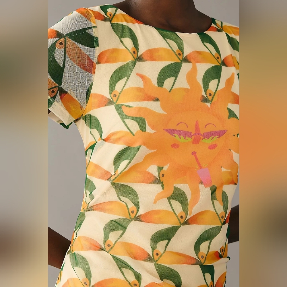 Farm Rio For Anthropologie Tropical Short Sleeve Printed Mesh Midi Dress - Picture 3 of 12